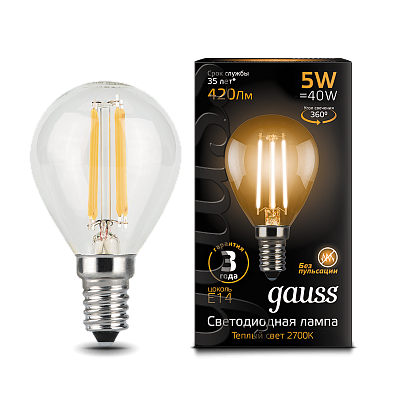 Лампа Gauss Filament Шар 5W 420lm 2700К Е14 LED 105801105