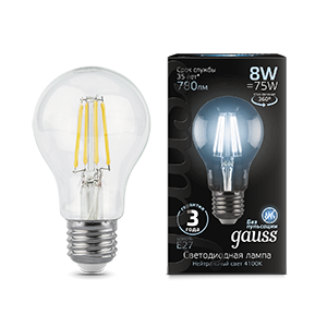 Лампа Gauss Filament А60 8W 780lm 4100К Е27 LED 102802208