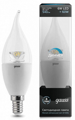 Лампа светодиодная диммируемая E14 6W 4100К свеча на ветру прозрачная 104201106-D