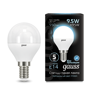 Лампа Gauss Шар 9.5W 950lm 4100K E14 LED 105101210
