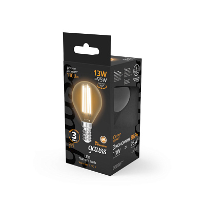 Лампа Gauss Filament Шар 13W 1100lm 2700К Е14 LED 1/10/50 105801113