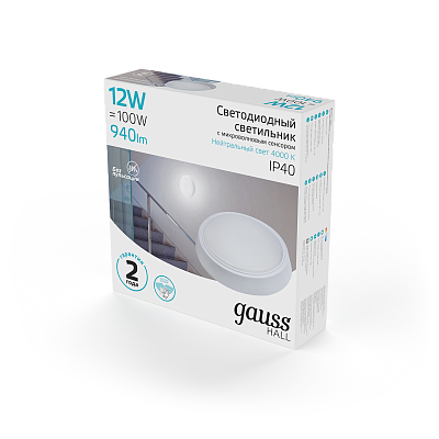 Точечный накладной светильник Gauss HALL 12W 940lm 4000K 200-240V IP40 LED 193411212-S