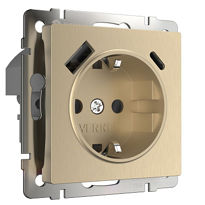 Розетка с заземлением и USB Werkel шампань рифленый a056276