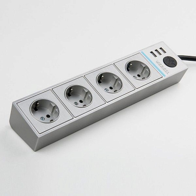 Розеточный блок 4-х местный + 3 USB Werkel W6514944 серебристый рифленый a051458