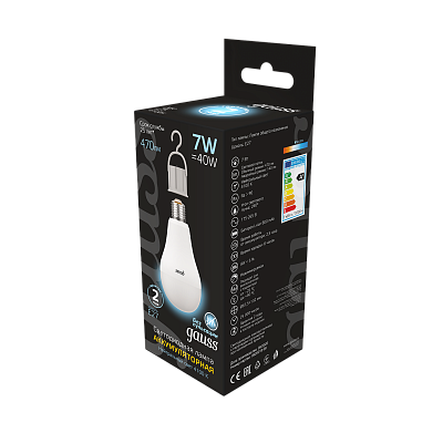Лампа Gauss A60 7W 470lm 4100K E27 с Li-Ion аккумулятором LED 102402207 (3 шт)