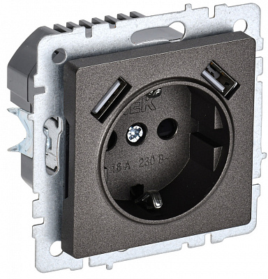 Розетка с заземлением и защитными шторками USB IEK Brite A+A 2,1А РЮш10-1-БрТБ бронза BR-R14-16-U21-D21-K45