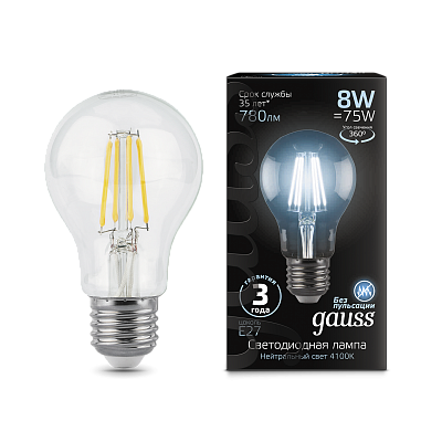 Лампа Gauss Filament А60 8W 780lm 4100К Е27 LED 102802208 (12 шт)