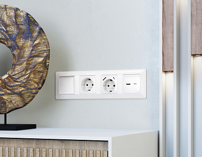 Комплект механизма розетки ALFA MA111010 Белый глянец 2USB A+C 20W быстрая зарядка QUANT