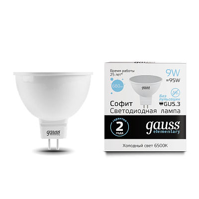 Лампа Gauss Elementary MR16 9W 680lm 6500K GU5.3 LED 13539
