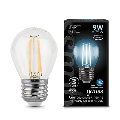 Лампа Gauss Filament Шар 9W 710lm 4100К Е27 LED 105802209 (2 шт)