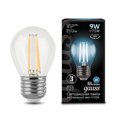 Лампа Gauss Filament Шар 9W 710lm 4100К Е27 LED 105802209