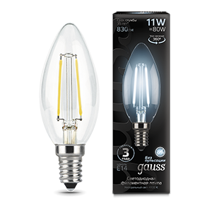 Лампа Gauss Filament Свеча 11W 830lm 4100К Е14 LED 103801211