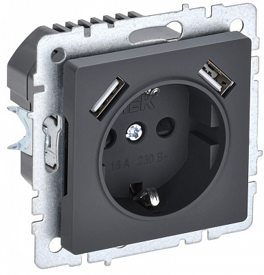 Розетка с заземлением и защитными шторками USB IEK Brite A+A 3,1А РЮш10-2-БрГ графит BR-R14-16-U21-D31-K53