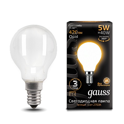 Лампа Gauss Filament Шар 5W 420lm 2700К Е14 LED 105201105