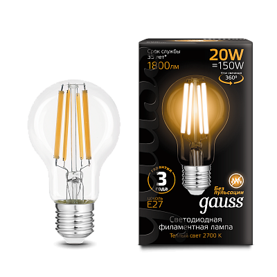 Лампа Gauss Filament А60 20W 1800lm 2700К Е27 LED 102902120