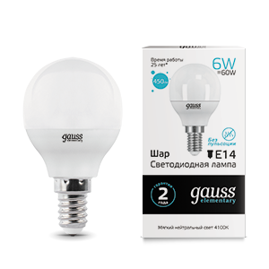 Лампа Gauss Elementary Шар 6W 450lm 4100K Е14 LED 53126