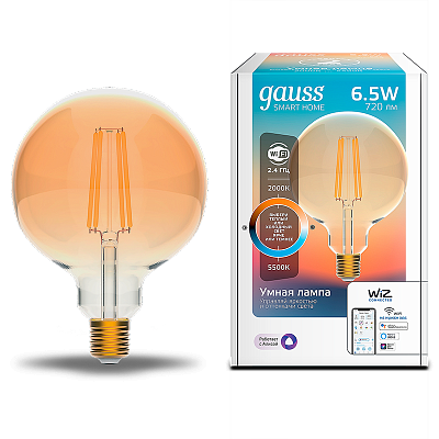 Умная Wi-fi филаментная лампочка Gauss Smart Light ССТ DIM  E27 G95 6,5 Вт 2700-6500K 1340112