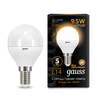 Лампа Gauss Шар 9.5W 890lm 3000K E14 LED 105101110