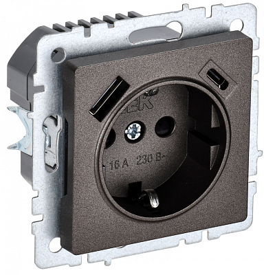 Розетка с заземлением и защитными шторками USB IEK Brite A+C 18Вт РЮш11-1-БрТБ бронза BR-R14-16-U22-018-K45