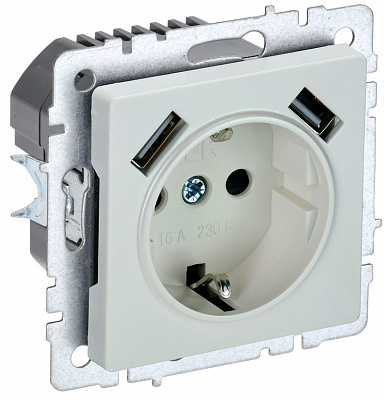 Розетка с заземлением и защитными шторками USB IEK Brite A+A 2,1А РЮш10-1-БрЖ жемчуг BR-R14-16-U21-D21-K36