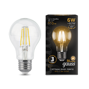Лампа Gauss Filament А60 6W 600lm 2700К Е27 LED 102802106