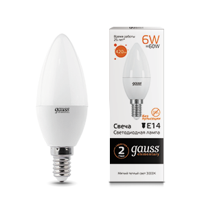 Лампа Gauss Elementary Свеча 6W 420lm 3000K Е14 LED 33116