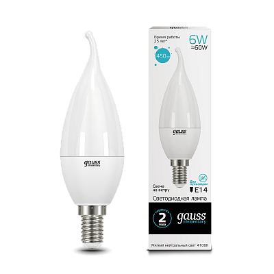 Лампа Gauss Elementary Свеча на ветру 6W 450lm 4100K Е14 LED 34126