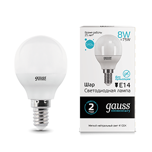 Лампа Gauss Elementary Шар 8W 540lm 4100K Е14 LED 53128