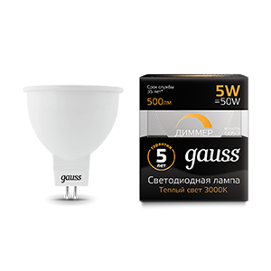 Лампа Gauss MR16 5W 500lm 3000K GU5.3 LED 101505105-D