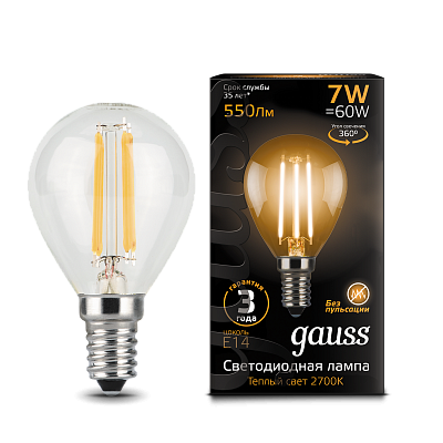 Лампа Gauss Filament Шар 7W 550lm 2700К Е14 LED 105801107