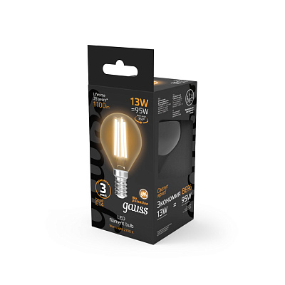 Лампа Gauss Filament Шар 13W 1100lm 2700К Е14 LED 1/10/50 105801113