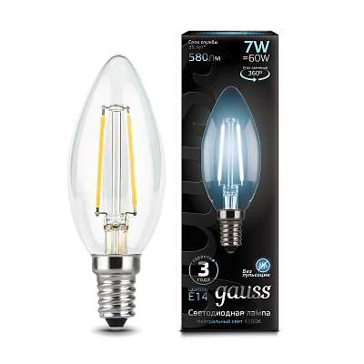 Лампа Gauss Filament Свеча 7W 580lm 4100К Е14 LED 103801207