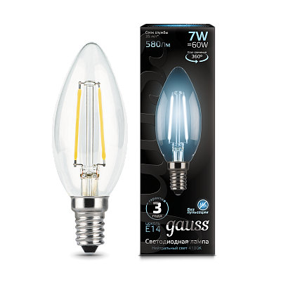 Лампа Gauss Filament Свеча 7W 580lm 4100К Е14 LED 103801207 (20 шт)