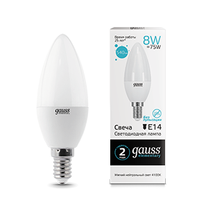 Лампа Gauss Elementary Свеча 8W 540lm 4100K Е14 LED 33128