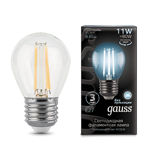Лампа Gauss Filament Шар 11W 830lm 4100К Е27 LED 105802211