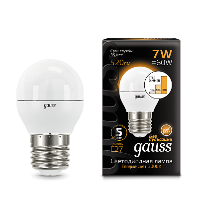 Лампа Gauss Шар 7W 520lm 3000K Е27LED 105102107-S (20 шт)