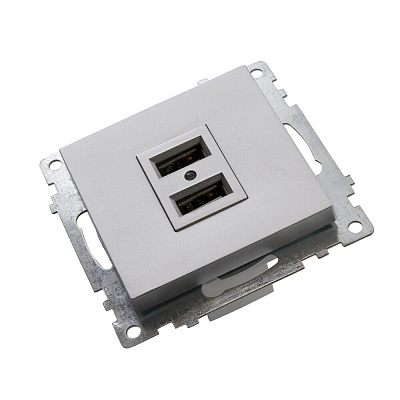 Розетка USB 2-местная (механизм), STEKKER Катрин GLS10-7115-03, 250B, 2,1А, серебро