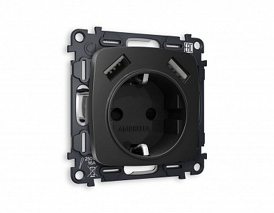 Комплект механизма электрической розетки OMEGA MO809010 Черный матовый 2USB A+A 18W быстрая зарядка с заземлением и шторками 2P+E 16A-250V QUANT