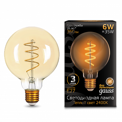 Лампа Gauss Filament G95 6W 360lm 2400К Е27 LED 105802007 (20 шт)