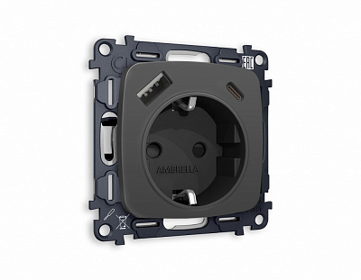 Комплект механизма электрической розетки OMEGA MO910010 Графит мягкое касание 2USB A+C 20W быстрая зарядка с заземлением и шторками 2P+E 16A-250 QUANT