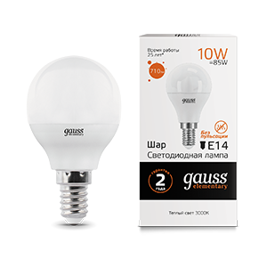 Лампа Gauss Elementary Шар 10W 710lm 3000K Е14 LED 53110