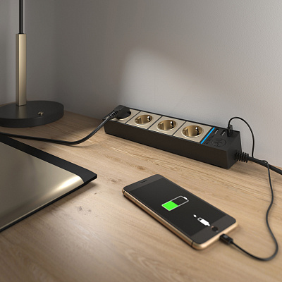 Розеточный блок 4-х местный + 3 USB Werkel W6514944 черный/шампань a051462
