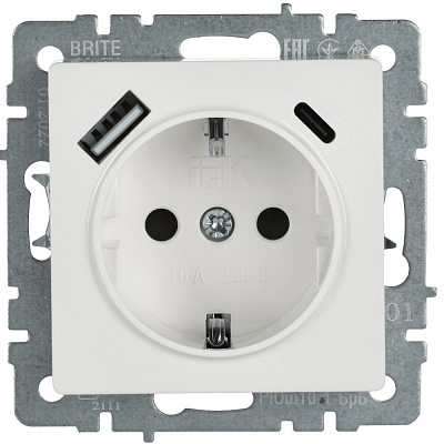 Розетка с заземлением и защитными шторками USB IEK Brite A+C 18Вт РЮш11-1-БрБ белый BR-R14-16-U22-018-K01