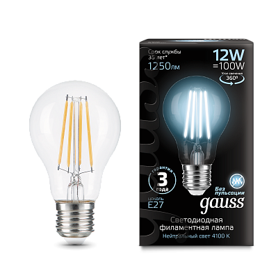Лампа Gauss Filament А60 12W 1250lm 4100К Е27 LED 102902212 (12 шт)