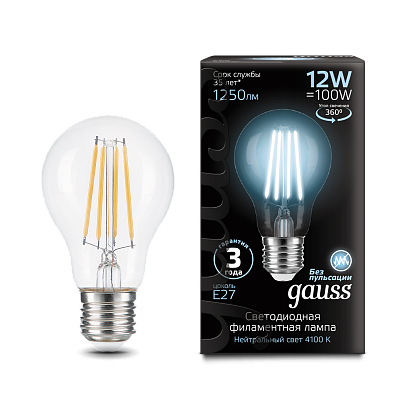Лампа Gauss Filament А60 12W 1250lm 4100К Е27 LED 102902212