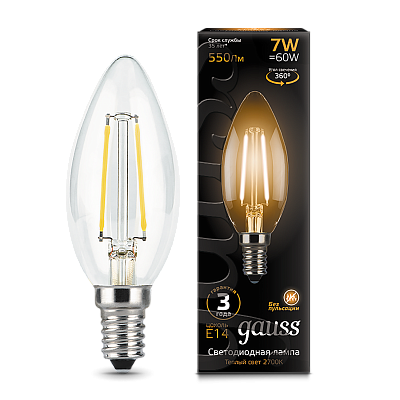 Лампа Gauss Filament Свеча 7W 550lm 2700К Е14 LED 103801107 (20 шт)