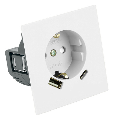 Розетка 1-местная з/ш с/з 16А + USB + Type C (механизм), STEKKER Мия, 250В, 20W, RST16-3119-01, белая магнолия