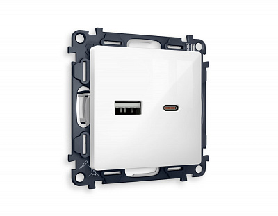 Комплект механизма розетки ALFA MA111010 Белый глянец 2USB A+C 20W быстрая зарядка QUANT