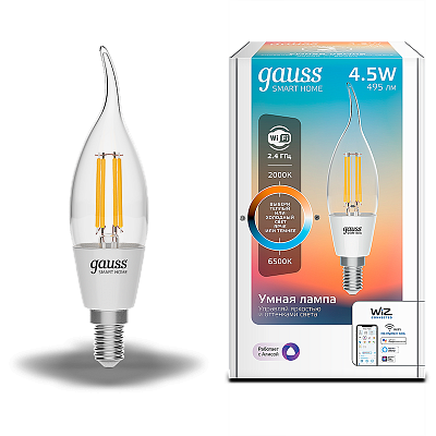 Умная Wi-fi филаментная лампочка Gauss Smart Light ССТ DIM  E14 CF35 4,5 Вт 2700-6500K 1280112