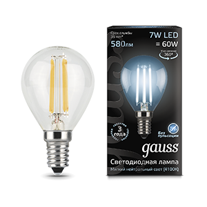 Лампа Gauss Filament Шар 7W 580lm 4100К Е14 LED 105801207